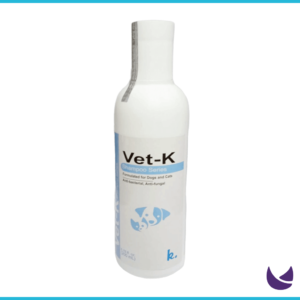 Vet K pet shampoo light blue and white bottle
